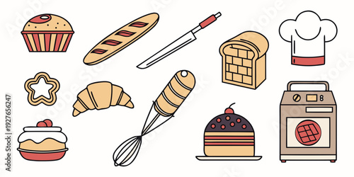 Assorted pastries and baking tools arranged in a delightful manner. Vector
