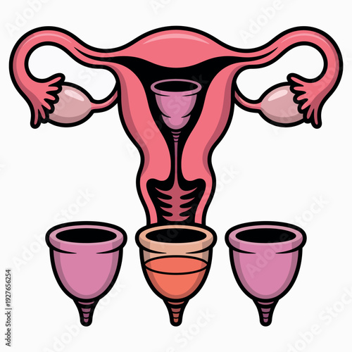 Female reproductive system with menstrual cups illustration
