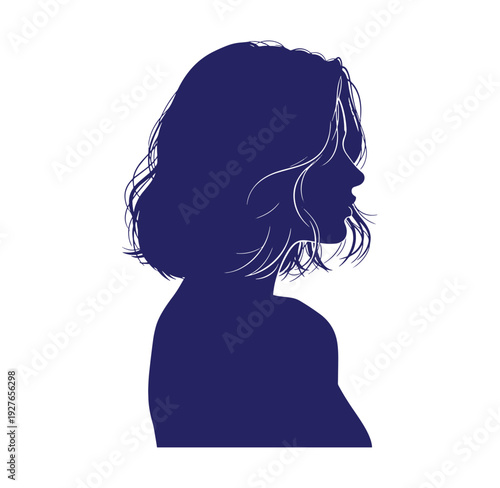 Silhouette of a woman with short hair looking to the right side profile  dark blue color