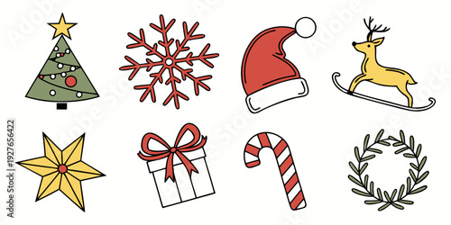 Assorted festive icons including stars, candy canes, and a santa hat Vector