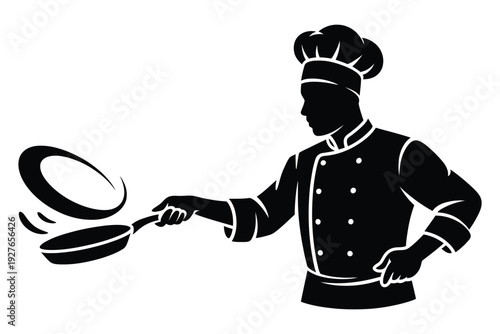 Chef cooking with frying pan action, preparing food in kitchen, professional cook or baker silhouette serving dish, restaurant staff
