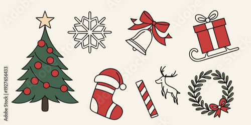 Assorted festive icons including a christmas tree, snowflakes, and candy canes Vector