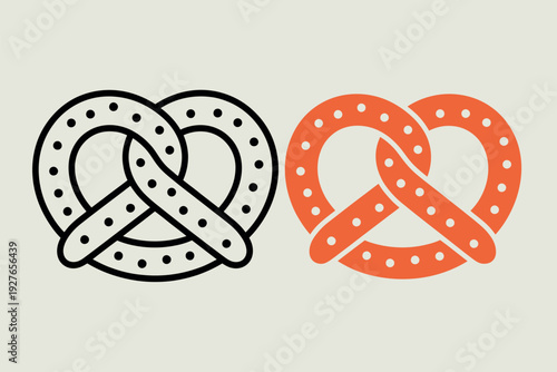Simple pretzel icon in black and white and orange with dots