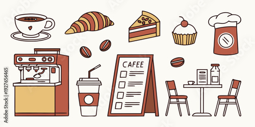 A vibrant illustration of various food items and kitchen utensils Vector