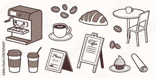 A diverse collection of food items and kitchen utensils illustrated in a playful manner Vector