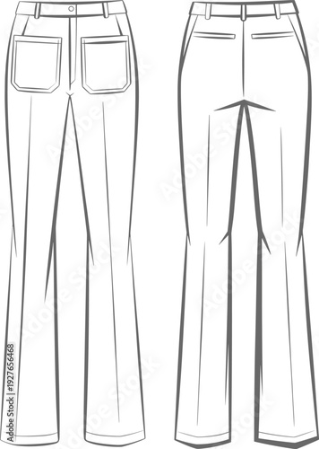 Women Straight Leg Jeans CAD Drawing, Front and Back View, High Waist Denim Pants Technical Flat Sketch Template