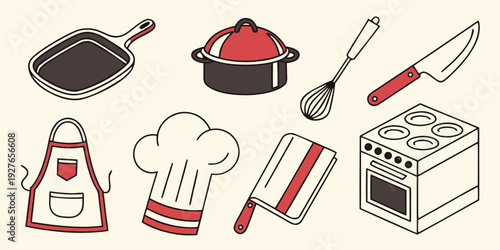 A variety of kitchen utensils and appliances arranged in a playful manner. Vector