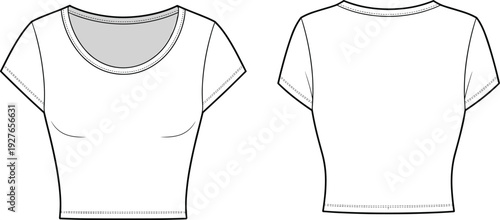 Women Scoop Neck T Shirt CAD Drawing, Front and Back View, Short Sleeve Apparel Technical Flat Sketch Template