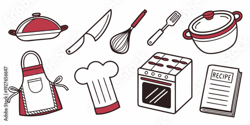 Assorted kitchen utensils and appliances arranged on a white background Vector