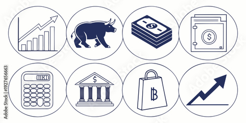 A collection of icons representing various aspects of finance and investment Vector