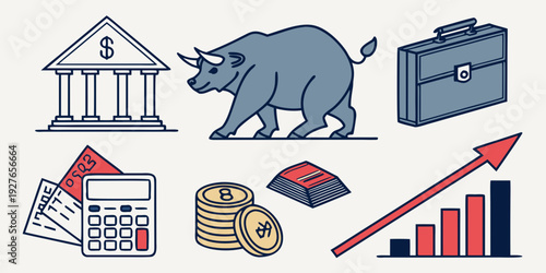 Illustration of a bull and bear market with various financial symbols. Vector