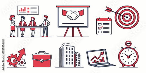 Diverse team collaborating on project with presentation, target, and calendar icons Vector