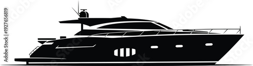 A sleek black yacht is presented in a side view showcasing luxury and maritime elegance on transparent background silhouette high quality