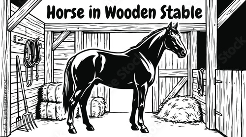 strong horse standing inside a wooden stable barn black and white vector representing farm life animal care rural agriculture and equestrian lifestyle