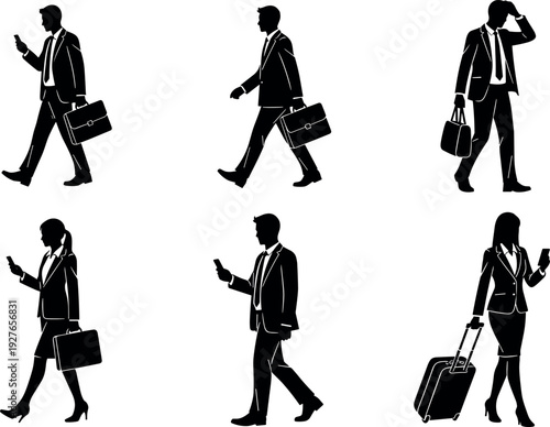 Business People Silhouettes Walking with Briefcases and Luggage while Using Smartphones for Professional Corporate Travel and Commuting Concept Graphic Illustration