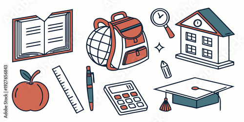 A diverse collection of educational icons representing school subjects and activities. Vector