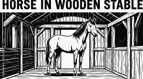 strong horse standing inside a wooden stable barn black and white vector representing farm life animal care rural agriculture and equestrian lifestyle