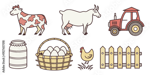 A diverse collection of farm animals and agricultural products displayed in a vibrant and colorful manner Vector