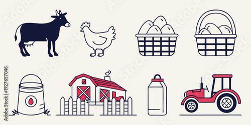 A collection of farm icons including animals, buildings, and equipment. Vector