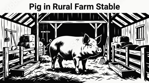 pig standing in a farm stable pen black and white vector representing livestock farming agriculture and food production