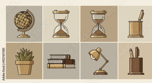 Eight beige and brown illustration icons of office and desk items arranged in a grid