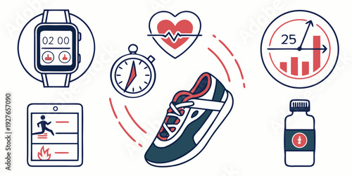 Illustration of various health and fitness tracking devices and activities Vector