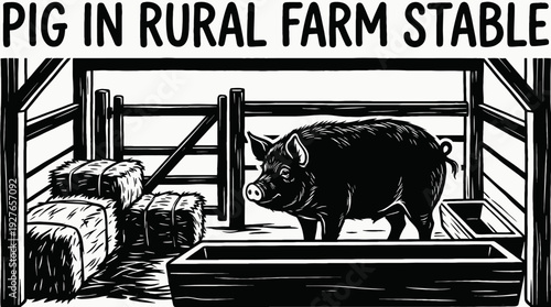 pig standing in a farm stable pen black and white vector representing livestock farming agriculture and food production