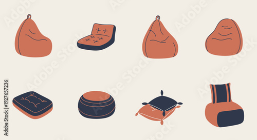 Eight minimalist illustrations of various bean bags and floor cushions