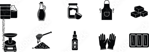 Set of black and white vector icons for diy cosmetics and handmade soap production process tools.
