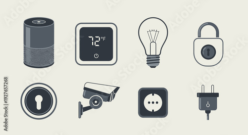 Eight monochromatic icons representing smart home technology devices in two rows