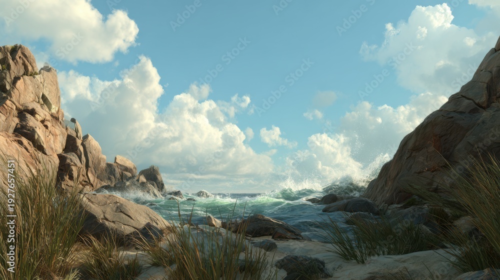 Fototapeta premium Scenic Coastal Landscape with Rocks, Waves, and Blue Sky Under Fluffy Clouds by the Seashore