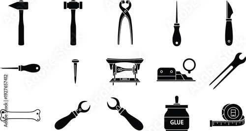 Collection of black silhouettes of common hand tools and hardware equipment for diy and construction.