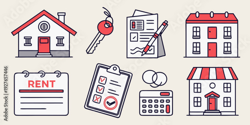 Assorted icons representing various aspects of real estate and property management Vector