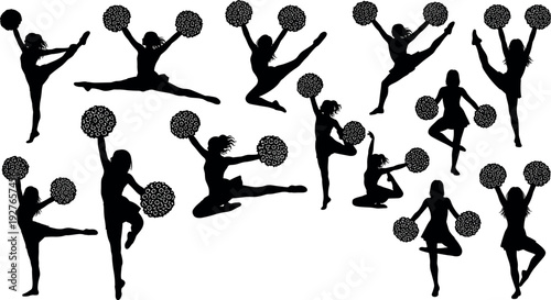Cheerleader Silhouettes Set with Pom Poms High Jumps Spirited Poses and Athletic Stunts for Sports Team Spirit and Female Fitness Design