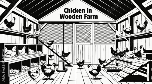 Chickens inside a wooden coop vector black and white representing poultry farming egg production and rural lifestyle