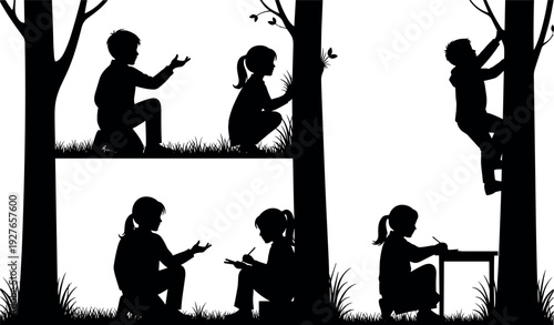 Children Learning and Playing in Nature Silhouette Vector Set Featuring Tree Climbing, Drawing, Outdoor Education, and Interactive Group Activity Scenes