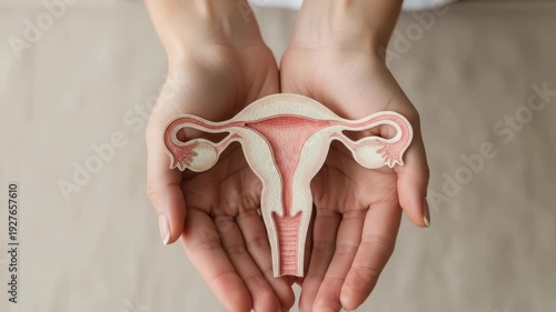 Hands Gently Hold Paper Cut-out Of Female Reproductive System Against Blurred Neutral Background For Educational Resources Medical Articles Discussions On Womens Health