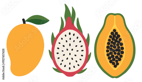 Flat clip art tropical fruit set featuring mango, dragon fruit, and papaya for healthy eating