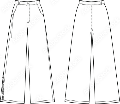 Women Wide Leg Pants CAD Drawing, Front and Back View, High Waist Trousers Technical Flat Sketch Template