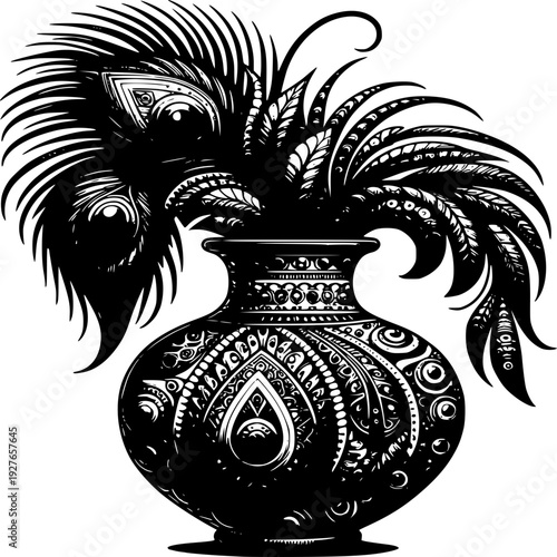 Black and white floral vase illustration with decorative ornamental patterns and flowers