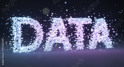 A creative visual representation of the word 'data' made up of small glowing pixels