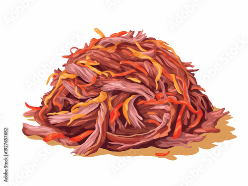 Pile of shredded cooked meat with orange and yellow hues