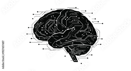 Futuristic black brain silhouette with glowing circuit board pathways on white background