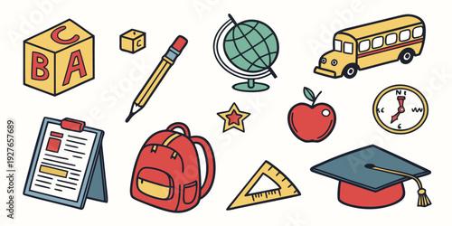 Assorted colorful objects including books, pencils, and awards on a white background Vector
