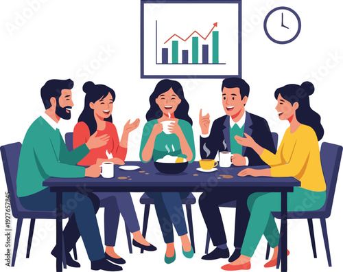 Diverse group of colleagues happily meeting for coffee break discussion vector illustration.