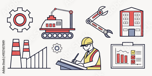 Illustration of various icons representing industry and manufacturing processes Vector
