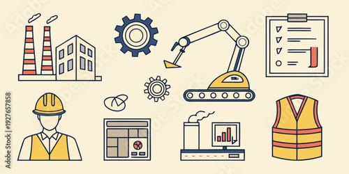 A collection of construction and industrial icons representing various tools, equipment, and professions. Vector