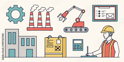 Illustration of various construction equipment and buildings. Vector