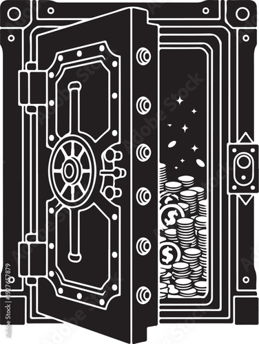 Open safe with money and coins inside illustration