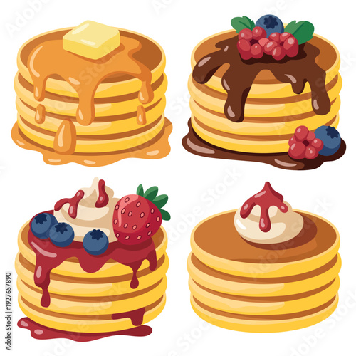 Four delicious stacks of pancakes with various toppings and syrup